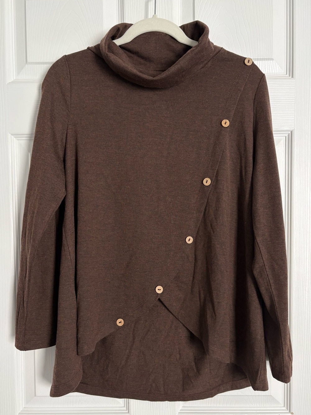 NWT LINTICO Asymmetric Cowl Neck Tunic Sweater Top Brown Wood Button Women's Med